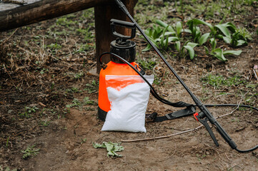 Agricultural fertilizer for crops, protection against pests, insects. Sprayer for the garden in nature, carbamide in white granules. Photography, gardening, agriculture concept.