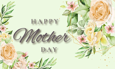 card or banner to wish a happy mother's day in gray on a green background with flowers on each side in pink, yellow and salmon colors