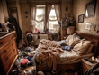 Messy, cluttered teenage boy's bedroom with piles of clothes, music and sports equipment. Generative AI