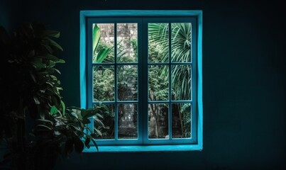 Sticker -  a window with a blue frame and a green plant in front of it.  generative ai