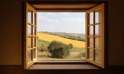 Canvas Print -  an open window with a view of a field and trees.  generative ai