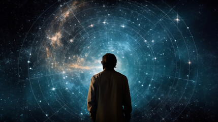 The universe within. Silhouette of a man inside the universe, physical and mathematical formulas.. The concept on scientific and philosophical topics, Generative Ai