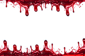 Fototapeta blood stains dripping isolated on white background, halloween scary horror concept. bloody red splattered drops murder background design