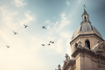 Faith and Spirituality Concept with Architecture, Sky, and Birds