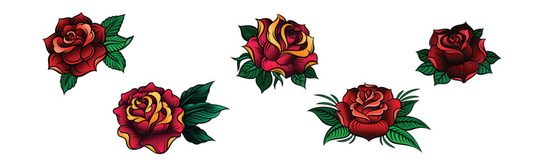 Canvas Print - Decorative Blown Red Roses with Petal and Leaves Vector Set