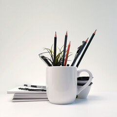 Poster - A white cup filled with lots of pencils. AI generative image