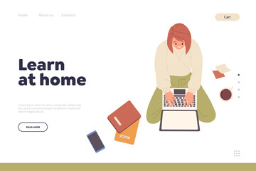 Wall Mural - Learn at home landing page design template with overhead view on female student studying on laptop