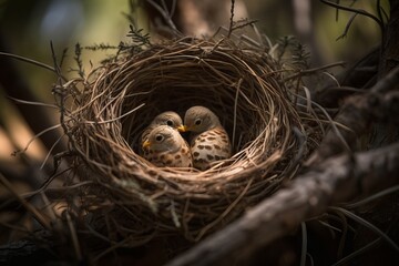 Capture the symmetry of a pair of birds in a nest with eggs