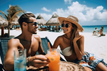 Young beautiful couple having  fun  on the beach, Generative ai