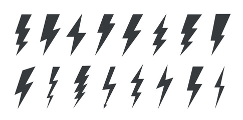 Wall Mural - Lightning bolt icons set isolated on white background. Black flash symbol, thunderbolt vector illustration. Simple lightning strike sign