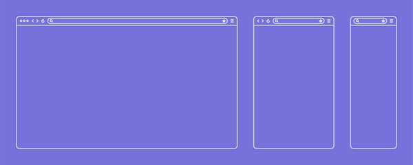 Blank web browser, internet page window with toolbar and search field. Modern website in flat style, line art. Browser mockup for computer, tablet and smartphone. Vector illustration