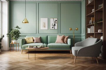 The interior of the living room has light blue pastel walls, a green pastel sofa and minimalist decor. wooden floor, Idea for design. Generative Ai