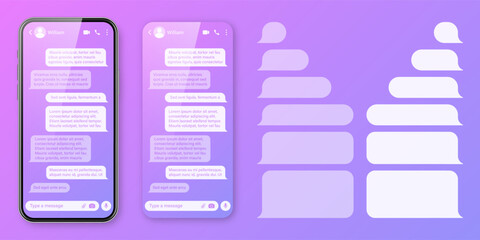 Realistic smartphone with messaging app on colorful violet background. Blank SMS text frame. Chat screen with transparent message bubbles. Social media application. Vector illustration