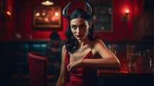 Beautiful Girl As A Devil With Horns Sitting In A Bar In A Red Dress Created With Generative AI Technology