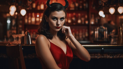 Beautiful girl as a devil with horns sitting in a bar in a red dress created with generative AI technology