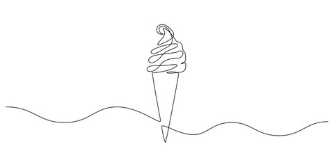 Wall Mural - Ice cream in waffle cone in one continuous line drawing. Symbol dessert gelato for menu and business card design in simple linear style. Editable stroke. Doodle contour vector illustration