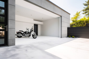 Wall Mural - Modern garage doors with carport, motorcycle parked in the garage. Contemporary architecture, smart home; no cars parked and no people. Generative ai.