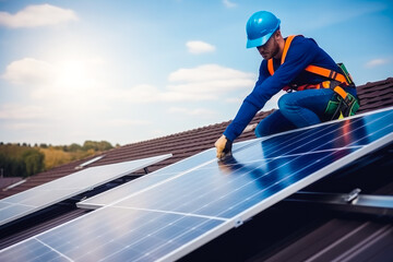 Engineer installing stand alone solar panel system. Using renewable energy sources to help with climate change. Generative ai.