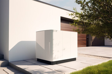 tesla home battery with modern house in the background. contemporary architecture, smart home, self 