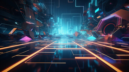 Wall Mural - futuristic cyber space tunnel with RGB lighting super speed zooming in created with generative ai