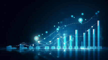 A 3D coin background with a blue finance graph and investment bar, showcasing growth and success in the market with technology and currency reports. Generative ai.