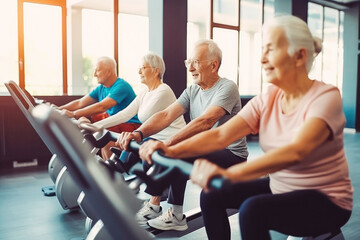 Wall Mural - Pilates, wellness and group of senior women doing a mind, body and spiritual exercise in studio. Health, retirement doing yoga workout. Generative AI.