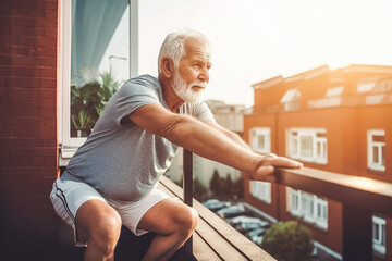 Wall Mural - Senior man stretching outside. Exercise, healthy lifestyle. Jogging every day. Generative AI.