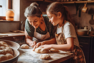 Grandmother and granddaughters helping each other to cook in kitchen happily, Grandmother teaches a cute child to cook. Family teamwork. Generative AI