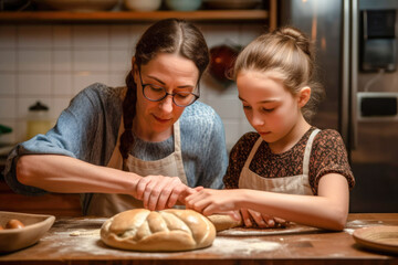 Grandmother and granddaughters helping each other to cook in kitchen happily, Grandmother teaches a cute child to cook. Family teamwork. Generative AI