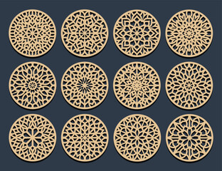 Poster - 	
Set decorative circle coaster for laser cutting. Round abstract geometric coaster card. Laser cut design. Vector illustration	