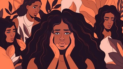 Wall Mural - A digital illustration of an anxiety, mental health concept with African American woman. Generative AI. 