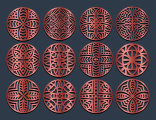 Wall Mural - Lotus Mandala Vector Template Set for Cutting and Printing. Oriental silhouette ornament. Vector coaster design	