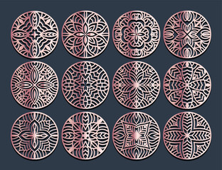 Wall Mural - 	
Set decorative circle coaster for laser cutting. Round abstract geometric coaster card. Laser cut design. Vector illustration	