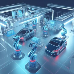 Poster - A line for assembling new cars automated automobile body welding in a production line The robotic arm on the assembly line for cars is in use. generative ai