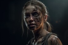 Woman Zombie Portrait. Young Girl Zombie Makeup. Undead Woman.