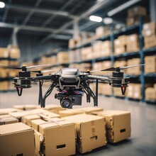 Spare Part Delivery Drone In Garage Storage At A Leading Automotive Car Service Center For Mechanical Shipping Component Part Assembling To Customers. Generative Ai
