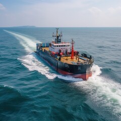 Supply boat or crew boat transporting cargo to the oil and gas industry and transporting cargo from the boat to the platform, waiting boat transporting cargo. generative ai