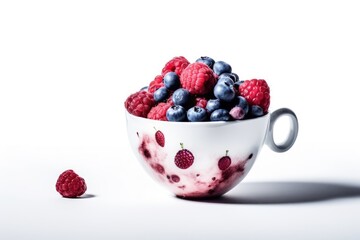 Poster - bowl filled with assorted fresh berries and raspberries on a white background. Generative AI