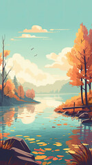 Wall Mural - Beautiful lake in pine tree forest illustration