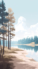 Wall Mural - Beautiful lake in pine tree forest illustration