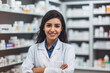 Compassionate female pharmacist with a kind smile holding a medication bottle and offering advice to a patient, generative ai