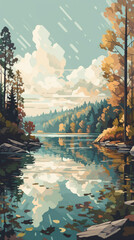 Wall Mural - Beautiful lake in pine tree forest illustration