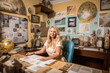 © aicandy - Gorgeous travel agent sitting at her desk, surrounded by exotic souvenirs and inspirational travel posters, generative ai
