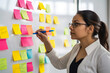 © aicandy - poised and professional HR Specialist standing in front of a whiteboard covered in colorful sticky notes, with a pen in her hand and a look of determination on her face, generative ai