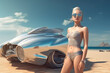 Girl model stands by futuristic car on beach, young woman near luxury vehicle, generative AI.