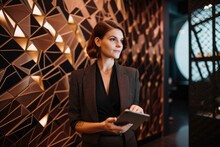 Portrait Of A Beautiful Event Planner In A Stylish Outfit, Holding A Tablet And Standing In Front Of A Modern Event Space With Geometric Decor, Generative Ai