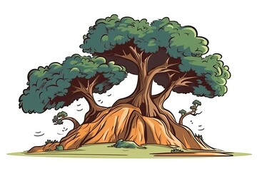 Wall Mural - cartoon tree standing atop a green hill with blue sky in the background. Generative AI