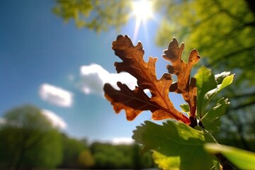 Poster - detailed close-up of a green leaf on a tree, showcasing its veins and texture. Generative AI