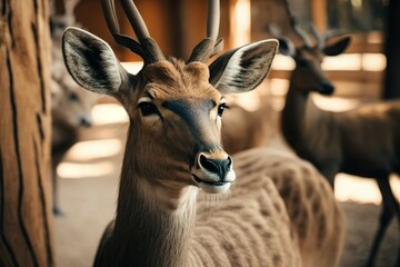 Wall Mural - Daytime selective focus image of a deer in the zoo Generative AI