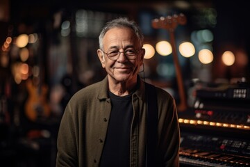 Portrait of a senior man listening to music in a recording studio